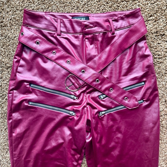 Chime Pants - Chicme Magenta Faux Leather Trousers with Belt